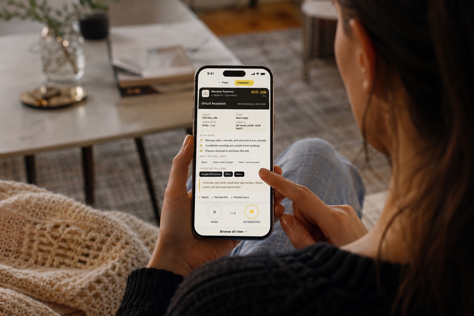 A candidate reviewing a matched role on The Outsourcer from their phone.